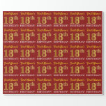 Papel De Regalo Rojo, Imitation Gold Look "18th BIRTHDAY"<br><div class="desc">Este diseño de papel envolvente incluye un mensaje como "¡18º CUMPLEAÑOS!", en el que el "18º" tiene un aspecto de color falso/imitación dorado. El nombre se puede personalizar y el fondo es de color rojo. Tal vez podría usarse cuando se envuelven regalos para el décimo octavo cumpleaños de alguien. [~Z0000178]...</div>