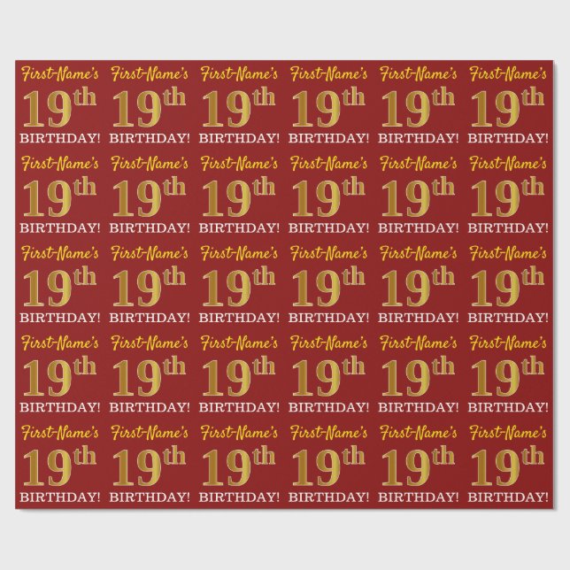 Papel De Regalo Rojo, Imitation Gold Look "19th BIRTHDAY" (Superficie plana)