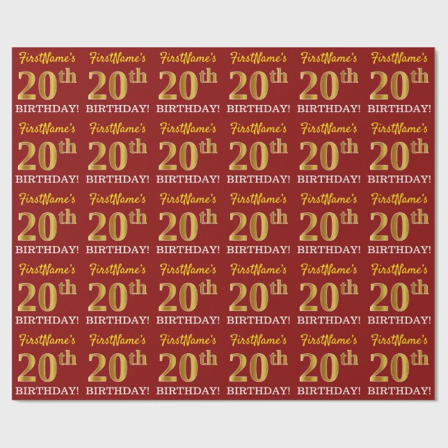 Papel De Regalo Rojo, Imitation Gold Look "20th BIRTHDAY" (Superficie plana)