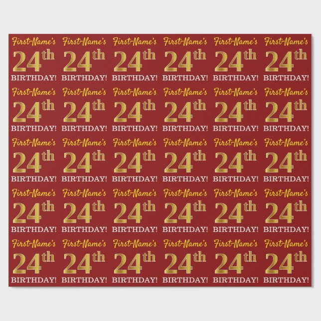 Papel De Regalo Rojo, Imitation Gold Look "24th BIRTHDAY" (Superficie plana)