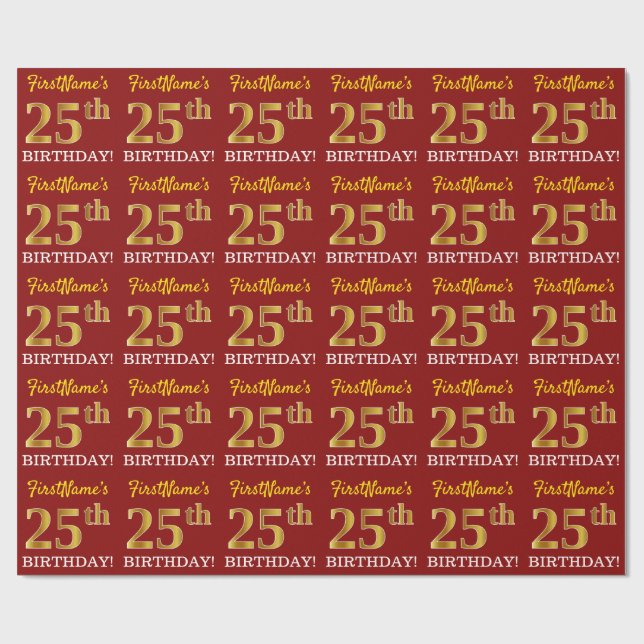 Papel De Regalo Rojo, Imitation Gold Look "25th BIRTHDAY" (Superficie plana)