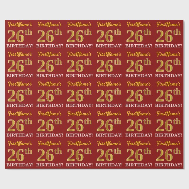 Papel De Regalo Rojo, Imitation Gold Look "26th BIRTHDAY" (Superficie plana)