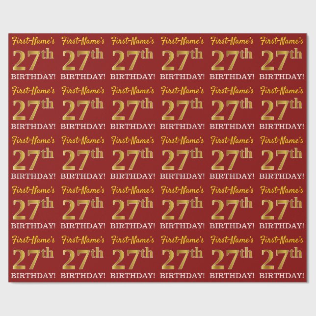 Papel De Regalo Rojo, Imitation Gold Look "27th BIRTHDAY" (Superficie plana)
