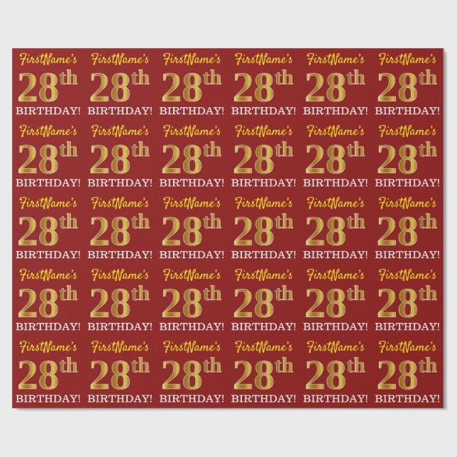Papel De Regalo Rojo, Imitation Gold Look "28th BIRTHDAY" (Superficie plana)