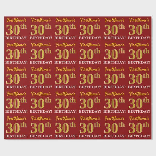 Papel De Regalo Rojo, Imitation Gold Look "30th BIRTHDAY" (Superficie plana)
