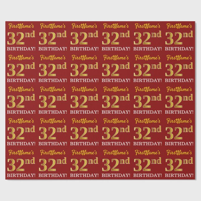 Papel De Regalo Rojo, Imitation Gold Look "32nd BIRTHDAY" (Superficie plana)