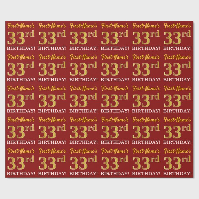Papel De Regalo Rojo, Imitation Gold Look "33rd BIRTHDAY" (Superficie plana)