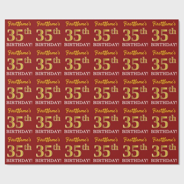 Papel De Regalo Rojo, Imitation Gold Look "35th BIRTHDAY" (Superficie plana)