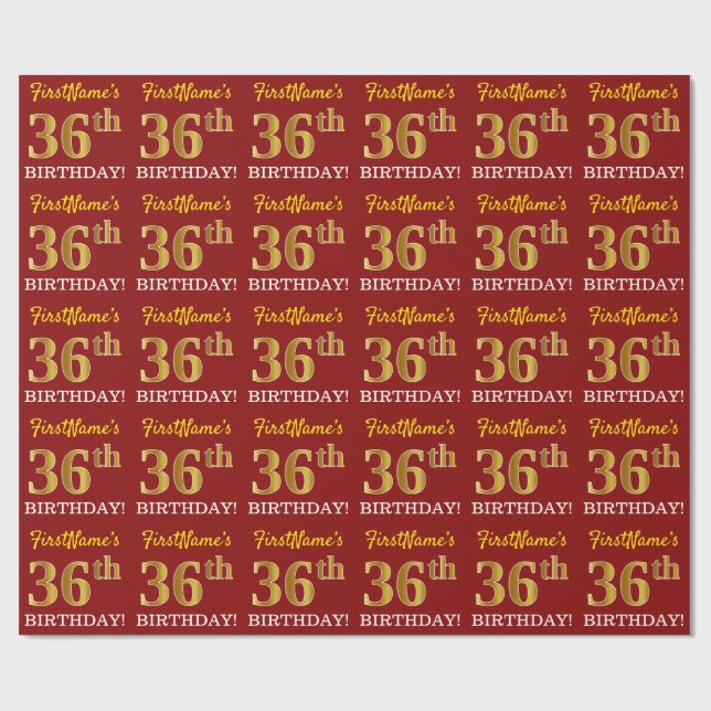 Papel De Regalo Rojo, Imitation Gold Look "36th BIRTHDAY" (Superficie plana)