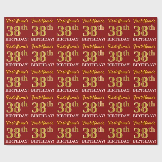 Papel De Regalo Rojo, Imitation Gold Look "38th BIRTHDAY" (Superficie plana)