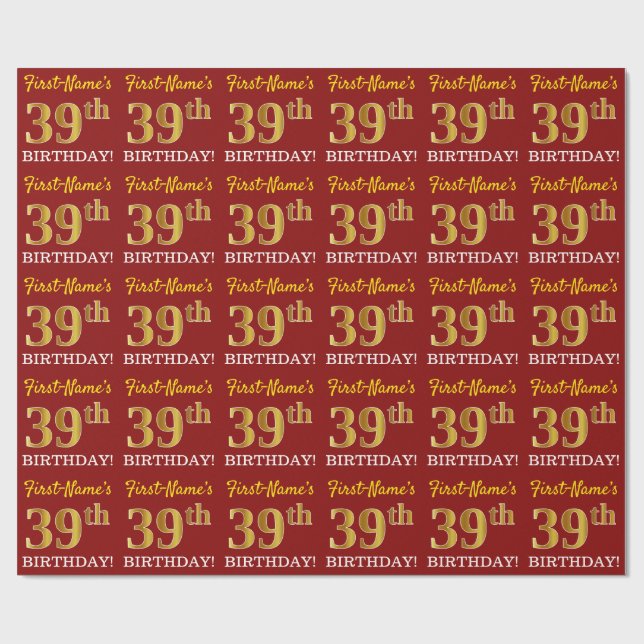 Papel De Regalo Rojo, Imitation Gold Look "39th BIRTHDAY" (Superficie plana)