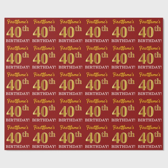 Papel De Regalo Rojo, Imitation Gold Look "40th BIRTHDAY" (Superficie plana)