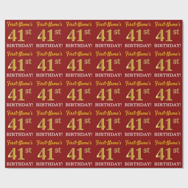 Papel De Regalo Rojo, Imitation Gold Look "41st BIRTHDAY" (Superficie plana)