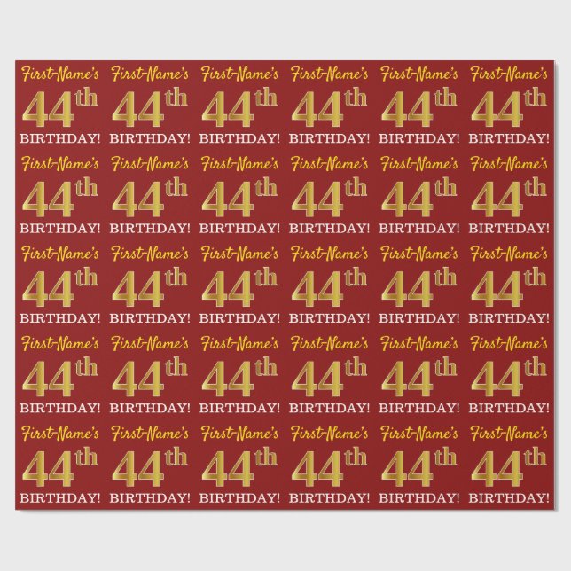 Papel De Regalo Rojo, Imitation Gold Look "44th BIRTHDAY" (Superficie plana)