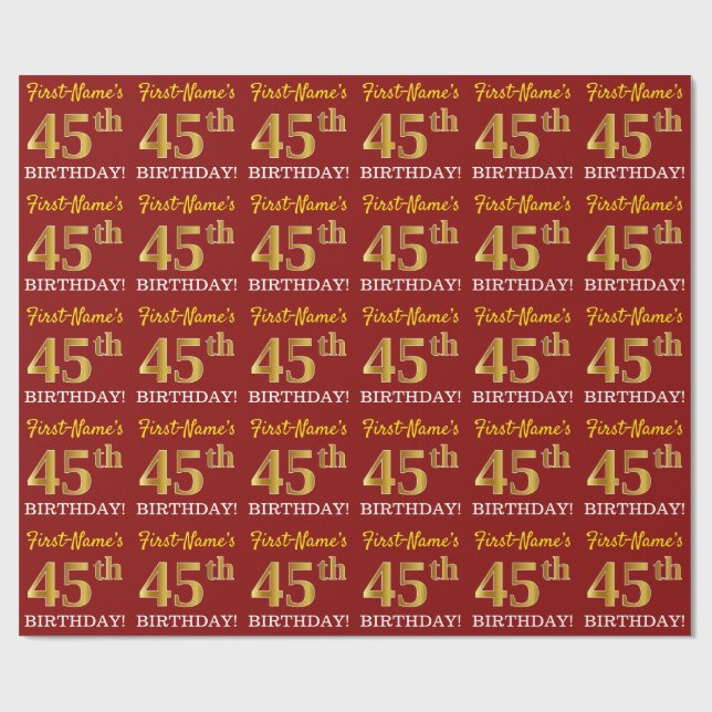 Papel De Regalo Rojo, Imitation Gold Look "45th BIRTHDAY" (Superficie plana)
