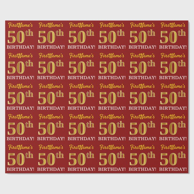 Papel De Regalo Rojo, Imitation Gold Look "50th BIRTHDAY" (Superficie plana)