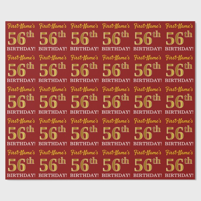 Papel De Regalo Rojo, Imitation Gold Look "56th BIRTHDAY" (Superficie plana)