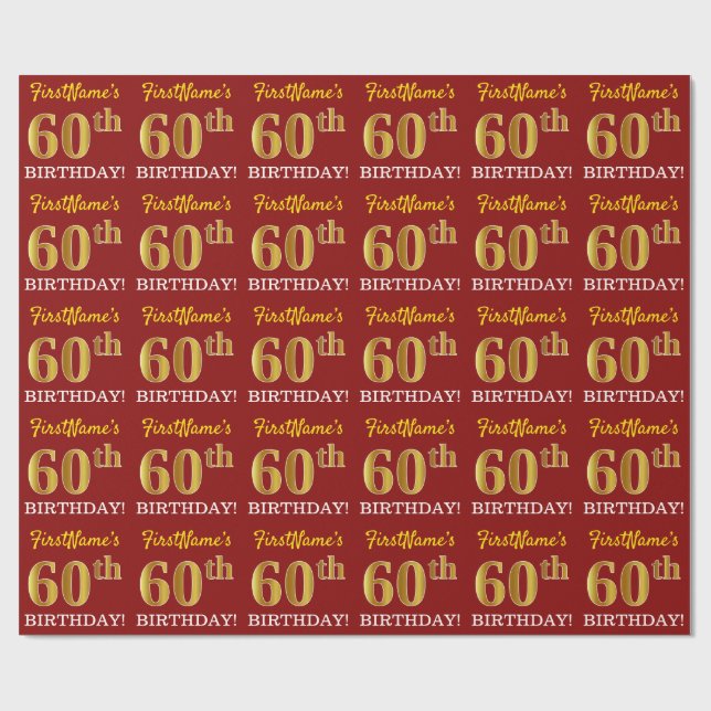 Papel De Regalo Rojo, Imitation Gold Look "60th BIRTHDAY" (Superficie plana)