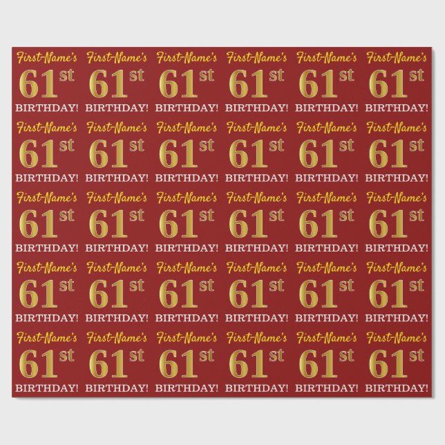 Papel De Regalo Rojo, Imitation Gold Look "61st BIRTHDAY" (Superficie plana)