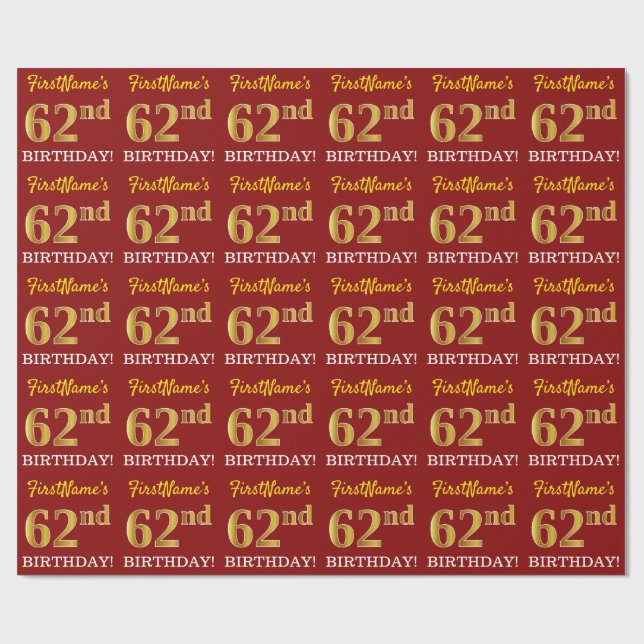 Papel De Regalo Rojo, Imitation Gold Look "62nd BIRTHDAY" (Superficie plana)