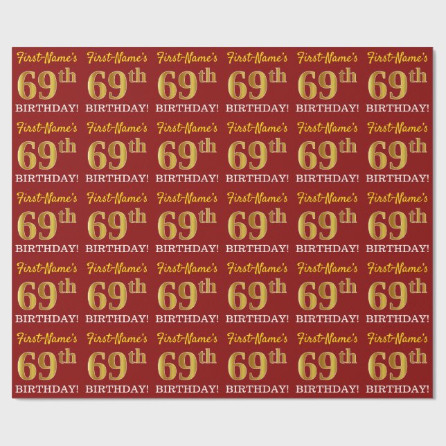 Papel De Regalo Rojo, Imitation Gold Look "69th BIRTHDAY" (Superficie plana)