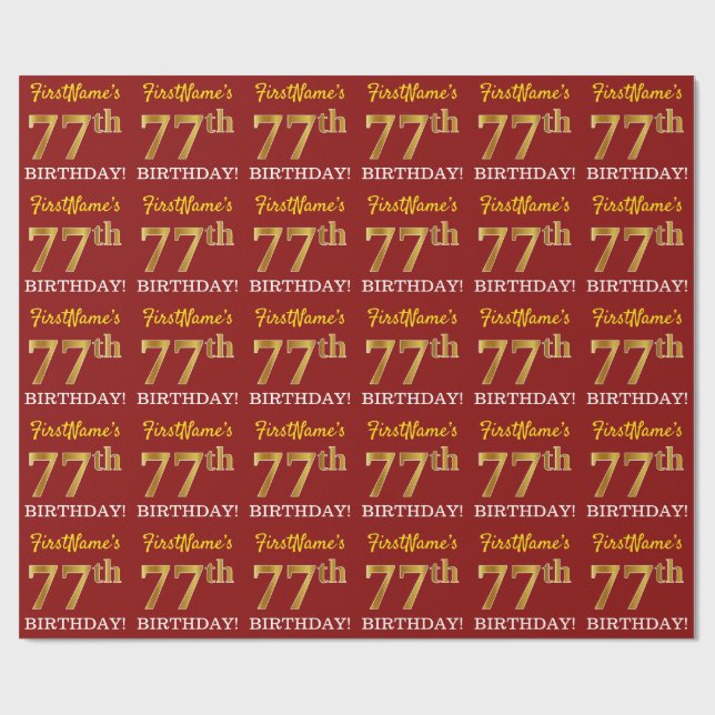 Papel De Regalo Rojo, Imitation Gold Look "77th BIRTHDAY" (Superficie plana)