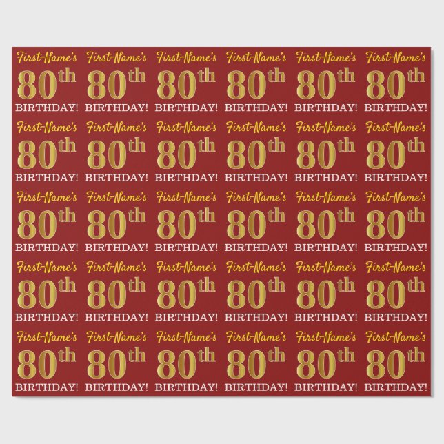Papel De Regalo Rojo, Imitation Gold Look "80th BIRTHDAY" (Superficie plana)
