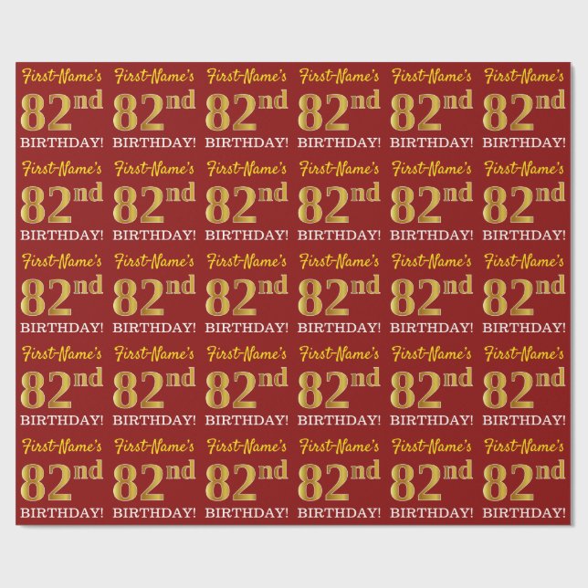 Papel De Regalo Rojo, Imitation Gold Look "82nd BIRTHDAY" (Superficie plana)