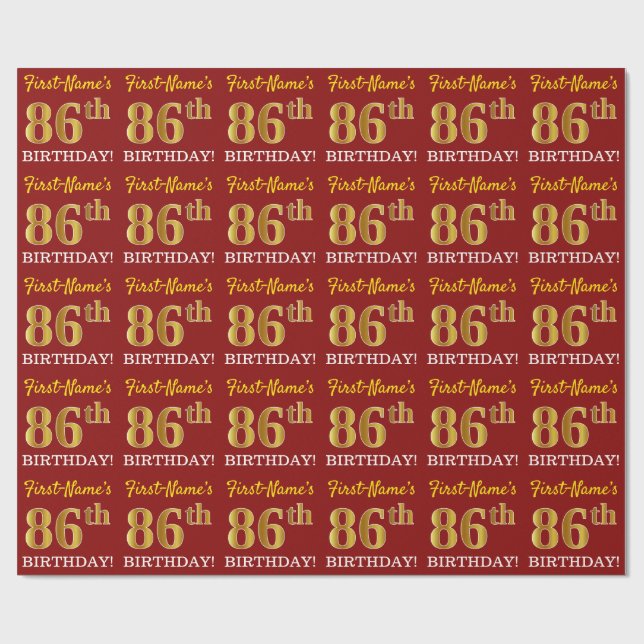 Papel De Regalo Rojo, Imitation Gold Look "86th BIRTHDAY" (Superficie plana)