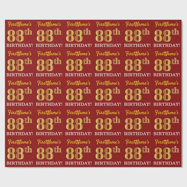 Papel De Regalo Rojo, Imitation Gold Look "88th BIRTHDAY" (Superficie plana)
