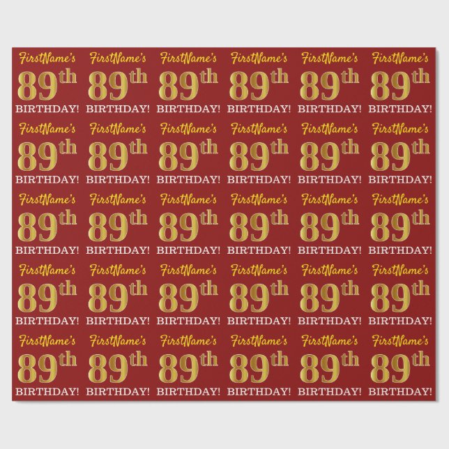 Papel De Regalo Rojo, Imitation Gold Look "89th BIRTHDAY" (Superficie plana)