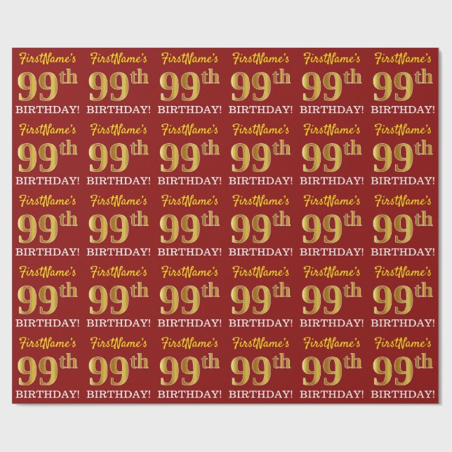 Papel De Regalo Rojo, Imitation Gold Look "99th BIRTHDAY" (Superficie plana)
