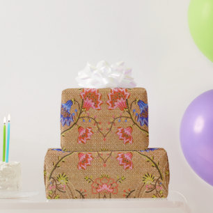 Papel De Regalo Rojo Imperial y Dorado Motivo Floral Entrelazado d