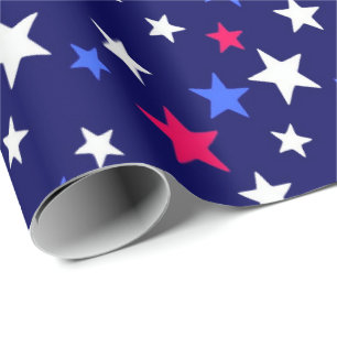 Papel De Regalo Rojo Intenso, Azul Patriótico y Estrellas Blancas