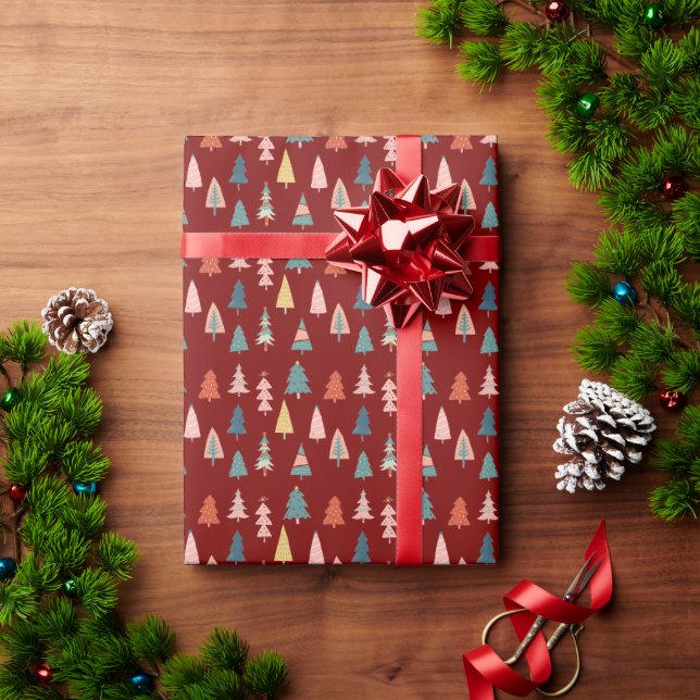 Papel De Regalo Rojo Invierno Árboles de Navidad Patrón moderno (Regalo de vacaciones)