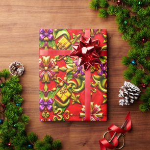Papel De Regalo ~ Rojo, morado, verde y oro ~