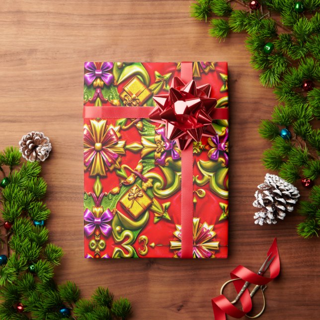 Papel De Regalo ~ Rojo, morado, verde y oro ~ (Regalo de vacaciones)
