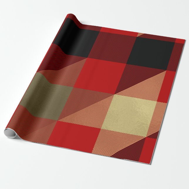 Papel De Regalo Rojo Negro Plaid Búfalo Dorado Navideño Rústico (Desenrollado)