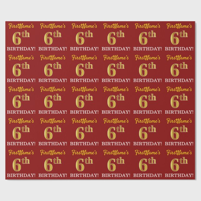 Papel De Regalo Rojo, Oro de imitación "sexto cumpleaños" (Superficie plana)