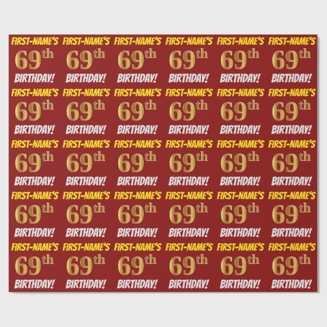 Papel De Regalo Rojo, Oro Falso/Imitación, "CUMPLEAÑOS 69" (Superficie plana)