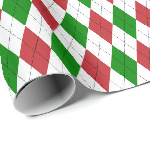 Papel De Regalo Rojo oscuro grande, verde y blanco Argyle