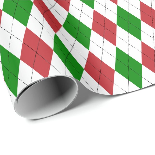 Papel De Regalo Rojo oscuro grande, verde y blanco Argyle (Esquina del rollo)