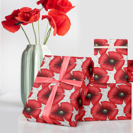 Papel De Regalo Rojo Poppies Patrón Floral Marble blanco Ajuste de