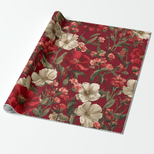 Papel De Regalo Rojo Rústico Botánico Atrevido Vintage Boho Floral