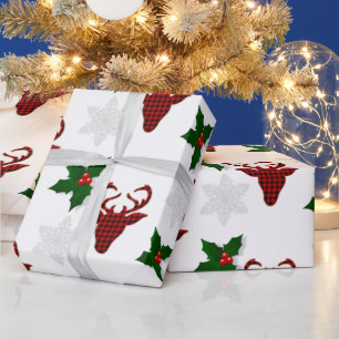 Papel De Regalo Rojo Rústico Buffalo Plaid Ciervo Copo de Nieve y 