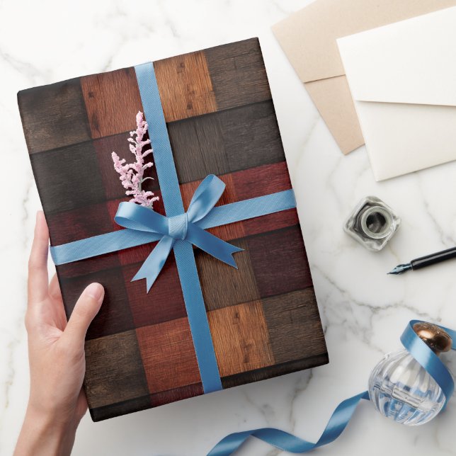 Papel De Regalo Rojo Rústico Madera Marrón Granero Cuadro Patrón (Regalar)