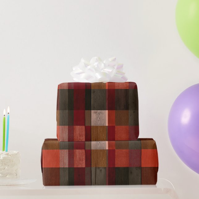 Papel De Regalo Rojo Rústico Madera Marrón Granero Cuadro Patrón (Regalos de fiesta)