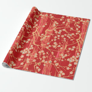 Papel De Regalo ROJO SAKURA FLORES Patrón floral antiguo japonés