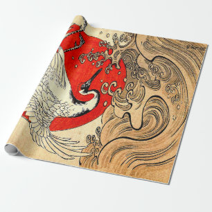 PAPEL DE REGALO ROJO SOL, GRÚA DE VUELO JAPONÉS Y ONDAS MARINAS