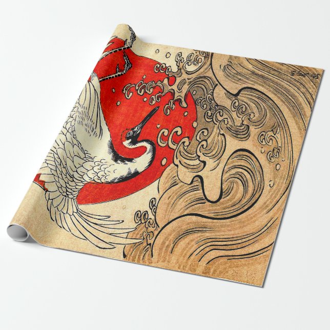PAPEL DE REGALO ROJO SOL, GRÚA DE VUELO JAPONÉS Y ONDAS MARINAS (Desenrollado)